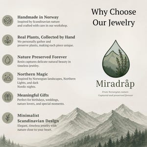 May include: An informational graphic titled Why Choose Our Jewelry featuring the brand name Miradr&aring;p. The design includes a teardrop-shaped logo with a mountain and plant illustration, bullet points about handmade jewelry, and a mountain landscape background.