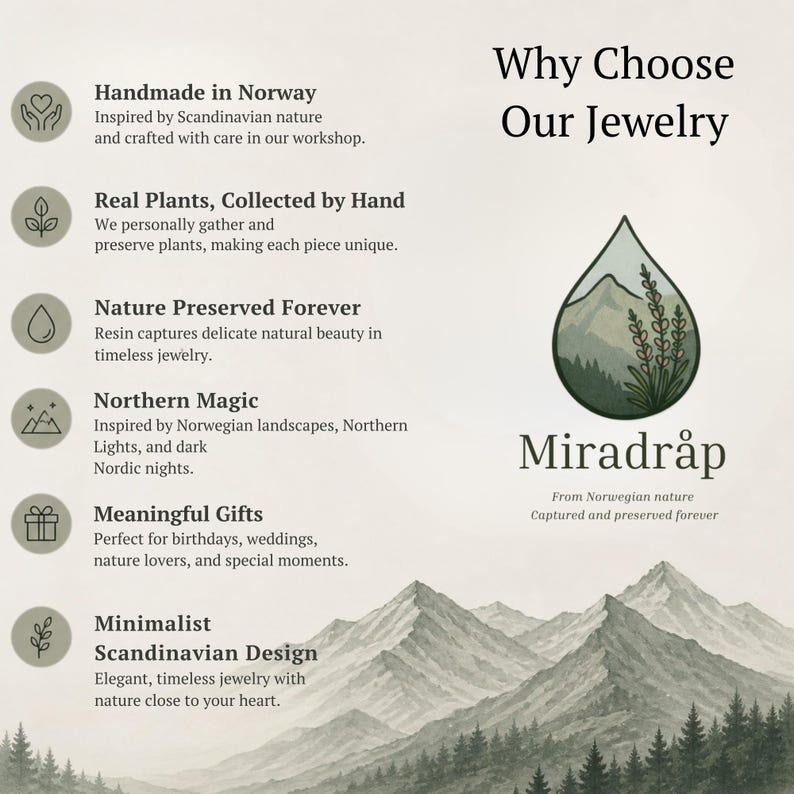May include: An informational graphic titled Why Choose Our Jewelry featuring the brand name Miradr&aring;p. The design includes a teardrop-shaped logo with a mountain and plant illustration, bullet points about handmade jewelry, and a mountain landscape background.