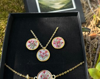 Personalized Birth Flower Jewelry Set, Birthday Gift for Her, Real Flower Necklace Earrings Bracelet Set, Custom Birth Month Gift