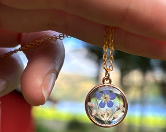 Real Forget Me Not Necklace, Real Flower Jewelry, Pressed Flower Pendant, Memory Gift, Botanical Necklace