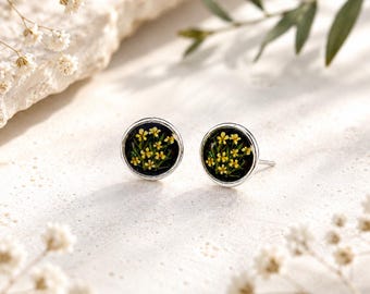 Pressed Flower Stud Earrings, Tiny Real Flower Earrings, Yellow Wildflower Jewelry, Botanical Resin Studs, Cottagecore Gift for Her