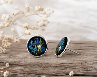 Blue Wildflower Stud Earrings, Real Flower Earrings, Pressed Flower Jewelry, Botanical Resin Earrings, Nature Gift for Her