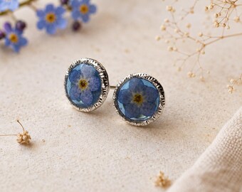Real Forget Me Not Stud Earrings, 8mm Blue Flower Resin Jewelry