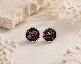 Pressed Flower Stud Earrings, Tiny Real Flower Earrings, Pink Wildflower Jewelry, Botanical Resin Studs, Cottagecore Gift for Her