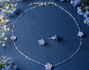 Forget-Me-Not Jewelry Set, Real Flower Choker & Stud Earrings, Blue Resin Botanical Jewelry