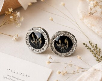 Black Botanical Stud Earrings, Real Pressed Flower Earrings, Dark Floral Resin Jewelry, Scandinavian Nature Gift for Her