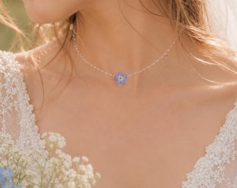 Forget Me Not Bridal Choker, Something Blue Wedding Necklace, Real Flower Jewelry, Minimalist Bride Choker, Handmade Wedding Gift