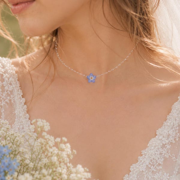 Forget Me Not Bridal Choker, Something Blue Wedding Necklace, Real Flower Jewelry, Minimalist Bride Choker, Handmade Wedding Gift
