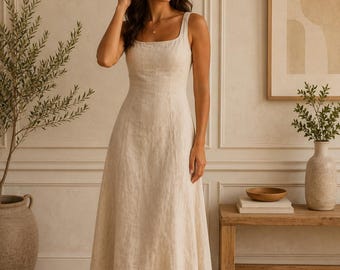 Midikleid aus Leinen für Frauen, Sommerkleid mit quadratischem Ausschnitt und versteckten Taschen