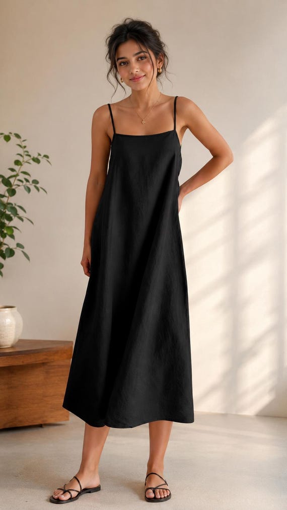 black flowy midi dress A-line Dress: Sleeveless Spaghetti Strap Summer Sundress – Loose Fit Size:M (30-31 sleeve length) Spring Outfits Prom Spring Lulus Prestigious Poise Backless week3424_20240818