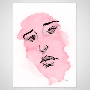 May include: A pink watercolor illustration of a person's face with a sad expression. The person has dark eyes and a furrowed brow. The illustration is signed "A.M."