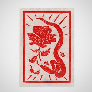 Block Print Greeting Card - snake & rose - 5&quot;x7&quot;