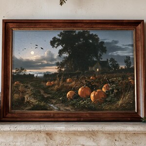 Moonlit Pumpkin Patch Oil Painting Autumn Farmhouse Landscape Wall Art + Bonus 16:9 Digital Display Version