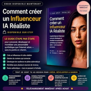 Peut inclure: Couverture d'un ebook intitulé "Comment créer un Influenceur IA Réaliste". L'image présente le visage d'une femme et du texte sur la création et la monétisation d'une personnalité synthétique. Téléchargement immédiat disponible.