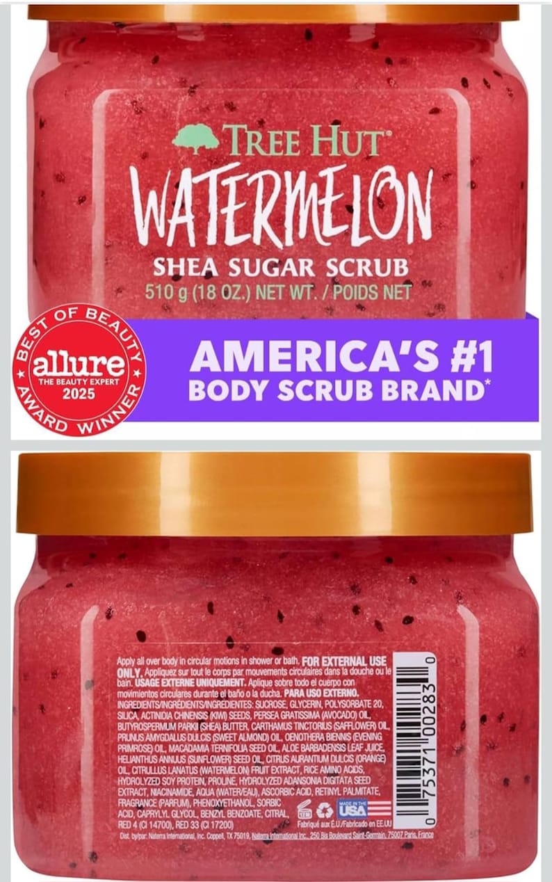 Puede incluir: Un tarro de exfoliante de az&uacute;car de karit&eacute; Tree Hut Watermelon. El exfoliante rojo contiene semillas negras y lleva la inscripci&oacute;n "Watermelon" y "America's #1 Body Scrub Brand". El tarro pesa 510 g.