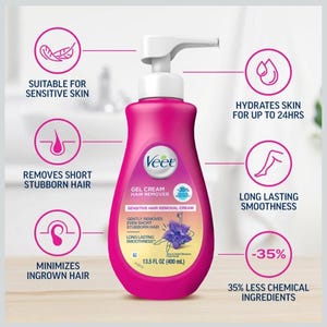 Puede incluir: Una botella rosa de crema en gel Veet para depilaci&oacute;n, con una bomba blanca. La etiqueta indica que es para pieles sensibles, elimina el vello corto, minimiza los pelos enquistados e hidrata la piel. Contiene 400 ml.