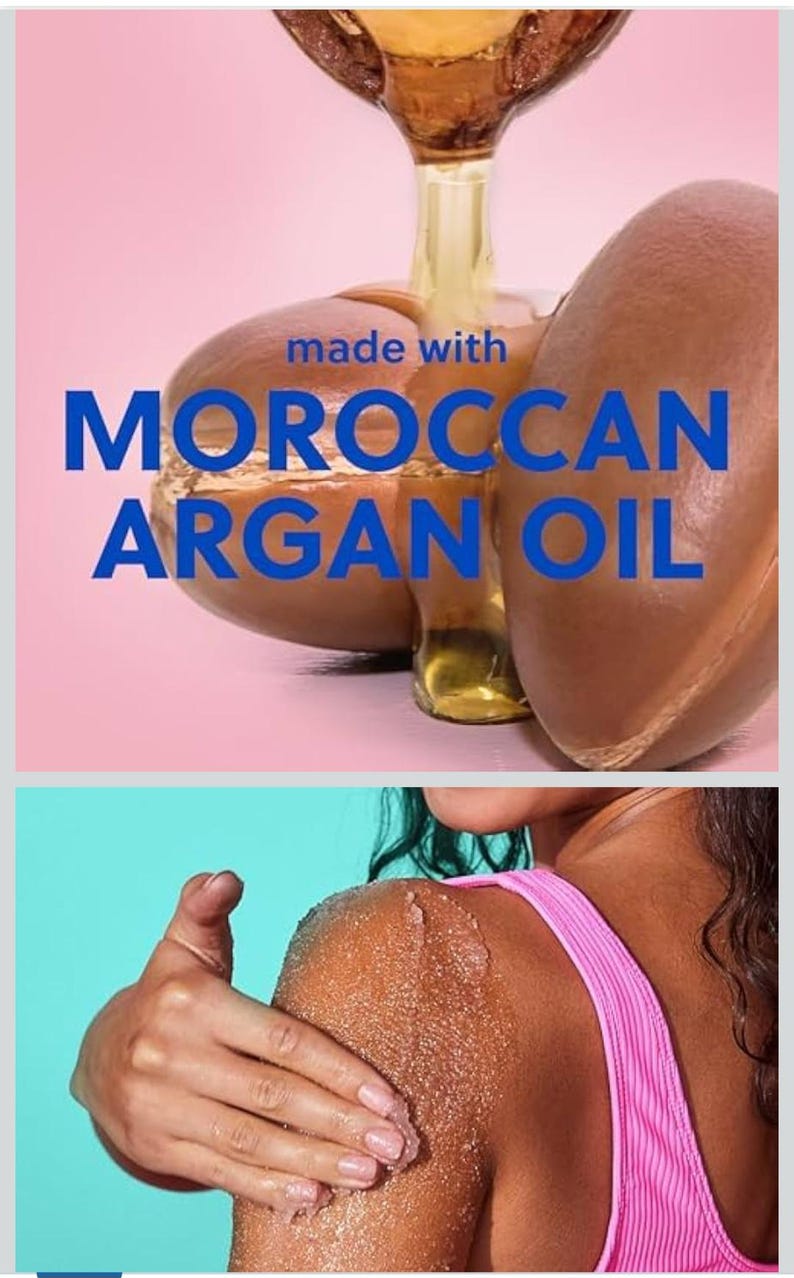 Puede incluir: Imagen que presenta aceite de arg&aacute;n marroqu&iacute;. La parte superior muestra aceite verti&eacute;ndose sobre dos objetos marrones, con el texto "made with MOROCCAN ARGAN OIL". La parte inferior muestra a una persona aplic&aacute;ndose un exfoliante en el hombro.