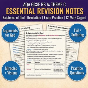 May include: Revision notes for AQA GCSE RS A: Theme C, focusing on the Existence of God, Revelation, and Exam Practice. The document features arguments for and against belief, with sections on miracles, visions, and practice questions. The text is in black and blue.