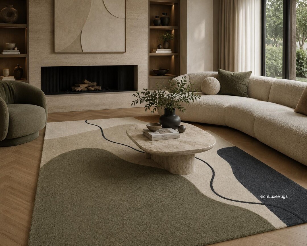 Hand Tufted Wool Rug, Abstract Organic Shape Carpet, Modern Neutral ...