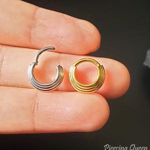 May include: Two circular hinged segment rings, one silver-toned and one gold-toned, each featuring three parallel ridges along the outer edge. The text Titanium is visible in the top left corner and Piercing Queen in the bottom right corner.