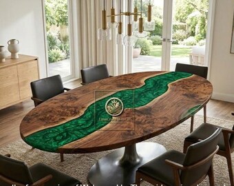 Oval Green Epoxy Resin Dining Table Live Edge Walnut Wood Emerald River Luxury Furniture