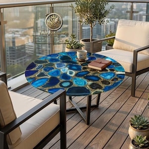 Blue Agate Coffee Table, Luxury Gemstone Side Table, Round Stone Accent Table, Modern Living Room Furniture, Balcony Decor