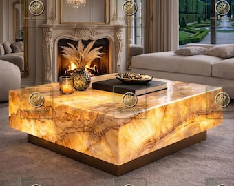 Mesa de centro retroiluminada de ónix color crema, mesa de centro de mármol brillante de lujo, muebles modernos de piedra.