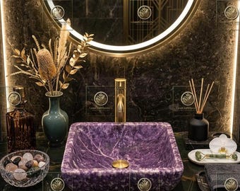 Luxury Amethyst Stone Vessel Sink Handmade Purple Marble Bathroom Basin Crystal Vanity Wash Basin Modern Countertop Sink Spa Decor