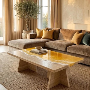 Travertine Rectangle Coffee Table, Yellow Ocean Resin River Table, Luxury Stone Coffee Table, Modern Living Room Statement Furniture