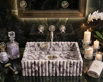 Calacatta Viola Marble Vessel Sink, Fluted Rectangular Bathroom Basin, Luxury Purple White Marble Vanity Sink, Handmade Stone Wash Basin