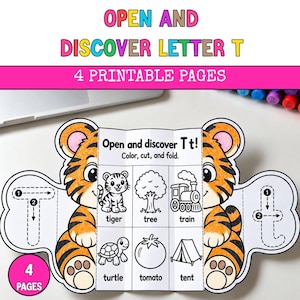 Pode incluir: Uma folha de atividades educativas imprimível com uma ilustração de tigre e o texto Open and discover Tt. A folha inclui seções para colorir, cortar e dobrar, com desenhos de tigre, árvore, trem, tartaruga, tomate e barraca. A letra T é mostrada com setas direcionais para traçar.