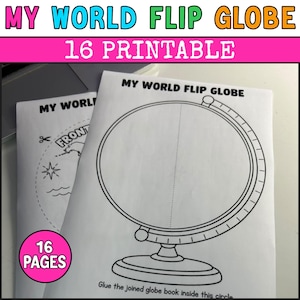 May include: A set of 16 printable pages titled My World Flip Globe. The white paper sheets feature black line art of a globe on a stand with the text My World Flip Globe and instructions that read Glue the joined globe book inside this circle.