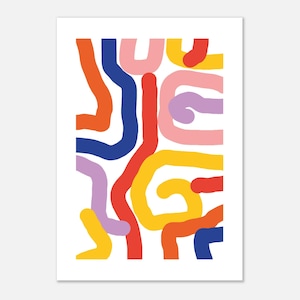 Könnte beinhalten: Abstrakter Kunstdruck mit weißem Hintergrund und farbenfrohen, geschwungenen Linien. Die Linien sind in Rot-, Orange-, Gelb-, Blau-, Rosa- und Lilatönen gehalten. Das Design ist modern und minimalistisch.