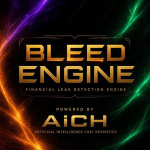 May include: A digital graphic with the words "BLEED ENGINE" in gold, set against a black background. The text "FINANCIAL LEAK DETECTION ENGINE" is below. The graphic also includes the text "POWERED BY AiCH" and "ARTIFICIAL INTELLIGENCE CHAT HEURISTICS".