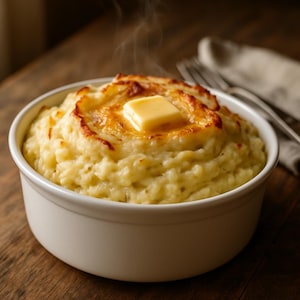 以下が含まれることがあります： バターが乗ったマッシュポテトが入った白いボウル。ポテトは黄金色の焼き色で、湯気が立っています。ボウルは木製の表面に置かれています。