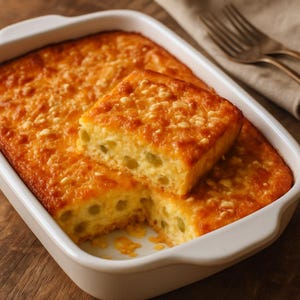 Peut inclure: Un plat de casserole cuit au four avec une croûte brun doré et un intérieur jaune clair. Un morceau carré de la casserole est coupé et placé sur le dessus du plat restant. Le plat est dans un plat à four rectangulaire blanc.