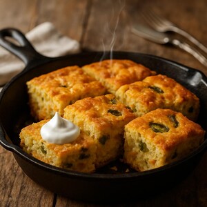 May include: A cast iron skillet holds six golden-brown, square-shaped cornbread biscuits with visible green jalapeños. One biscuit is topped with a dollop of white cream. Steam rises from the warm food, suggesting it's freshly baked.
