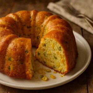 Puede incluir: Un pastel de pan de maíz dorado en forma de anillo, cortado para revelar un interior húmedo con granos de maíz y pimientos verdes. El pastel está sobre un plato blanco, con un fondo de madera rústica.