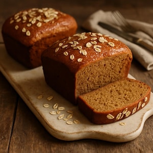 May include: Two loaves of freshly baked brown bread, one sliced, sit on a light-colored rectangular cutting board. The bread is topped with oats. A fork and knife rest on a linen napkin in the background.