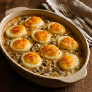 Könnte beinhalten: Ein Auflauf mit gebackenen Eiern in einer cremigen Champignon-Sauce. Die Eier haben goldbraune Oberseiten. Das Gericht befindet sich in einer ovalen Keramikschale. Eine Gabel und eine Serviette sind im Hintergrund zu sehen.