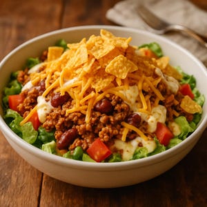 May include: A white bowl filled with a taco salad. The salad includes a bed of lettuce, topped with ground meat, red beans, diced tomatoes, shredded cheddar cheese, sour cream, and crushed tortilla chips. A fork and napkin are in the background.