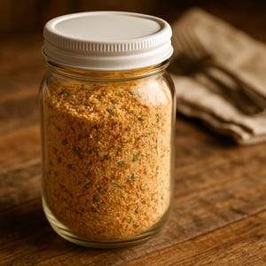 May include: A clear glass jar with a white lid filled with a mix of orange and green spices. The jar is on a wooden surface. The spices appear to be a blend of herbs and seasonings.