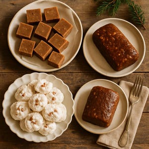 May include: Overhead shot of a wooden table with four plates of desserts. One plate has square, light brown fudge pieces. Two plates have rectangular, brown fudge. The last plate has white meringue cookies with nuts.