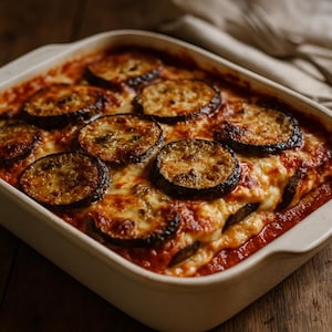 Peut inclure: Un plat cuit au four composé d'aubergines, de sauce tomate et de fromage dans un plat à four rectangulaire blanc. Les tranches d'aubergines sont dorées et disposées sur le dessus. Le plat est sur une surface en bois.