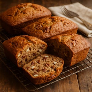 May include: Several golden-brown mini loaves of banana bread, some with visible walnuts. One loaf is sliced, revealing the interior texture and nut pieces. The bread sits on a metal cooling rack, with a fork and napkin in the background.