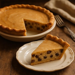 May include: A whole pie with a slice removed, and a single slice on a plate. The pie has a golden-brown crust and a creamy filling with dark spots. The pie is in a white ceramic pie dish.