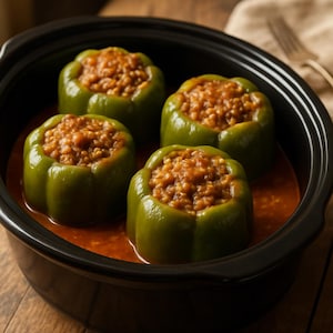Può includere: Quattro peperoni verdi ripieni di un ripieno marrone e saporito, disposti in un piatto scuro di forma ovale. I peperoni sono in una salsa rossa, creando un pasto appetitoso. Il piatto è posto su una superficie di legno.