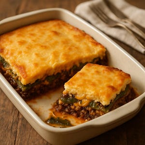 Peut inclure: Un plat de casserole cuit au four dans un plat en céramique rectangulaire. Le plat présente une couche de viande hachée, de poivrons verts et une garniture au fromage dorée. Une portion a été retirée.
