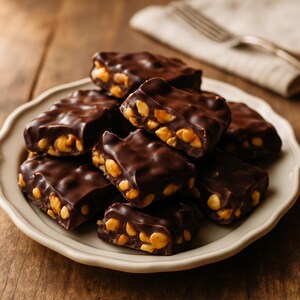 May include: A plate of chocolate-covered peanut candy bars. The bars are rectangular, with a layer of peanuts visible beneath a glossy, dark chocolate coating. The plate is white with a scalloped edge, and the background is a wooden surface.
