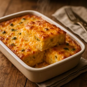 Peut inclure: Un plat de casserole cuite au four avec une surface dorée et bouillonnante. Le plat est rempli d'un mélange jaune et fromagé avec des taches vertes. Une portion de la casserole est retirée, montrant la texture. Le plat est sur une surface en bois.